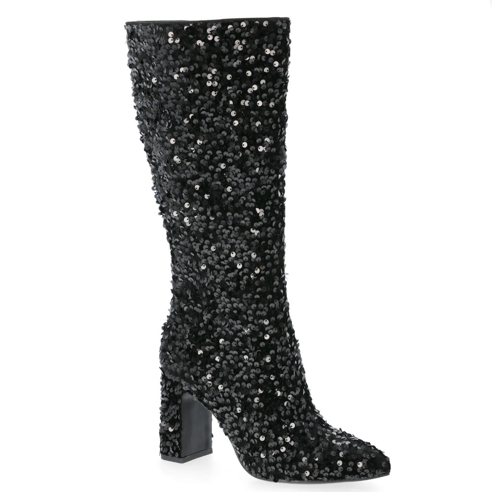 Madden NYC Chic Tall Black Sequin Block Heeled Boots Size 6